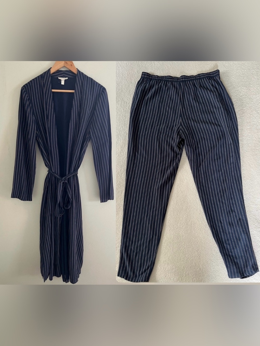 Eileen Fisher Navy Striped Kimono Jacket & Pants Set M Tencel Lyocell Minimalist